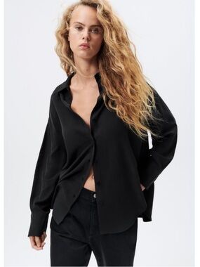 Zara Black Soft Oversized Button-Up Shirt Modal Relaxed Fit L NWT